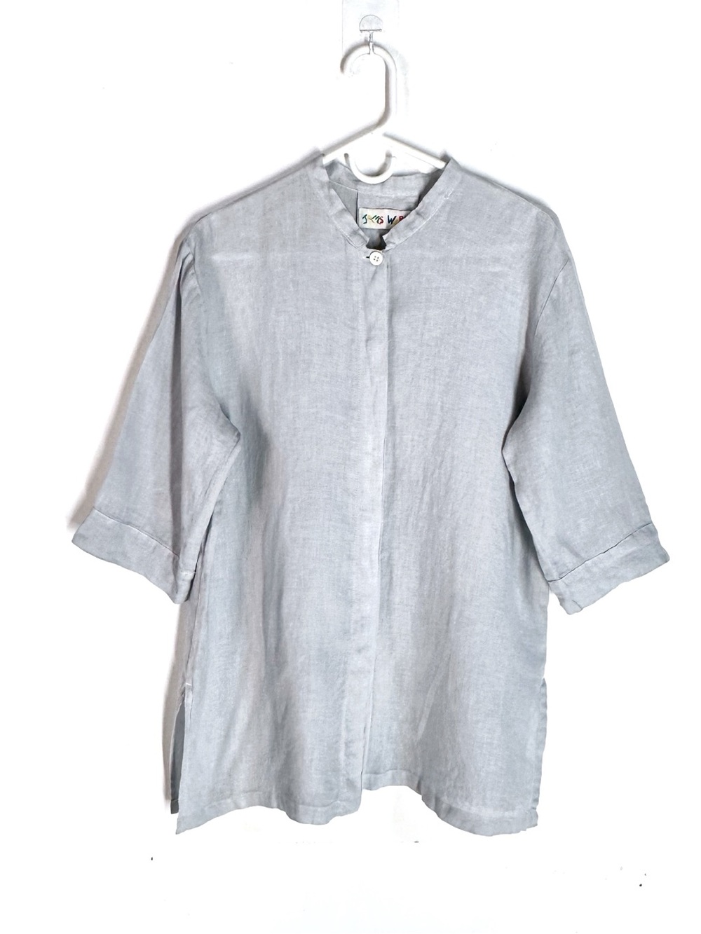 Jams World Linen 3/4 Sleeves Mandarin Collar Button Down Shirt Light Blue Size L